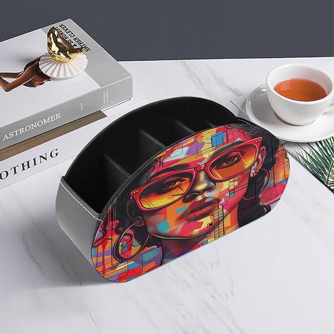 Remote Control Holder,Girl Wearing Sunglasses Printed PU Leather Remote Caddy Desktop Organizer with 5 Compartments for Media Accessories & Office Supplies Storage