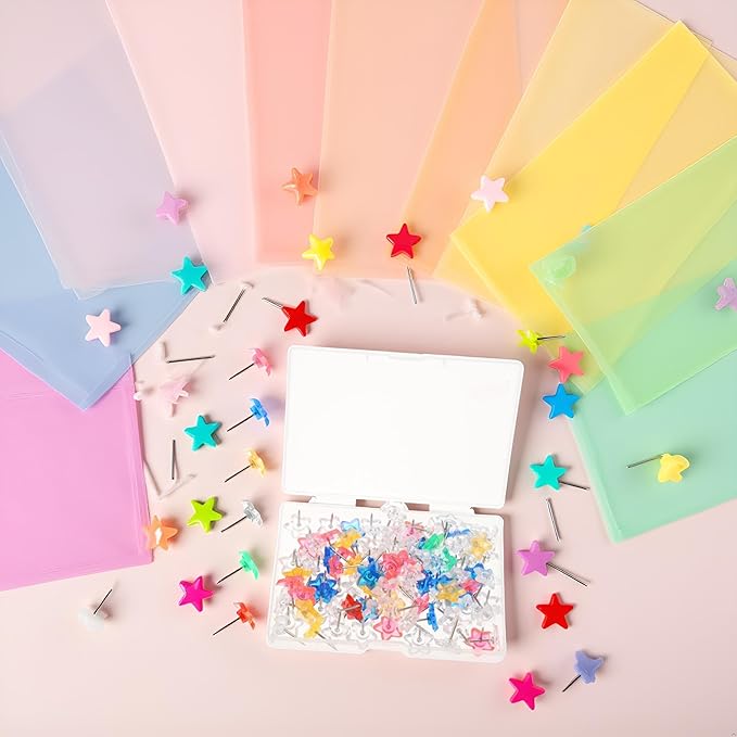 100 Pcs Colorful Star Shaped Push Pins,Steel Point Decorative Thumbtacks,Clear Plastic Thumb Tacks Transparent Pushpins Drawing Pins Thumbtacks with Box for Cork Board,Tape,Adhesives and Fasteners