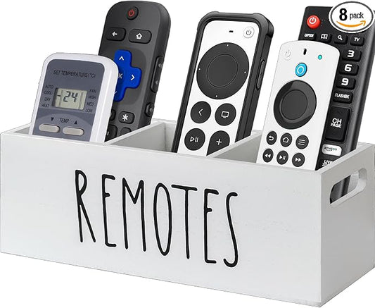 Remote Control Holder for Table, Wooden TV Remote Holder, Remote Storage Box Organizer, Remote Caddy for Bedside, Couch- White (3 Compartments)