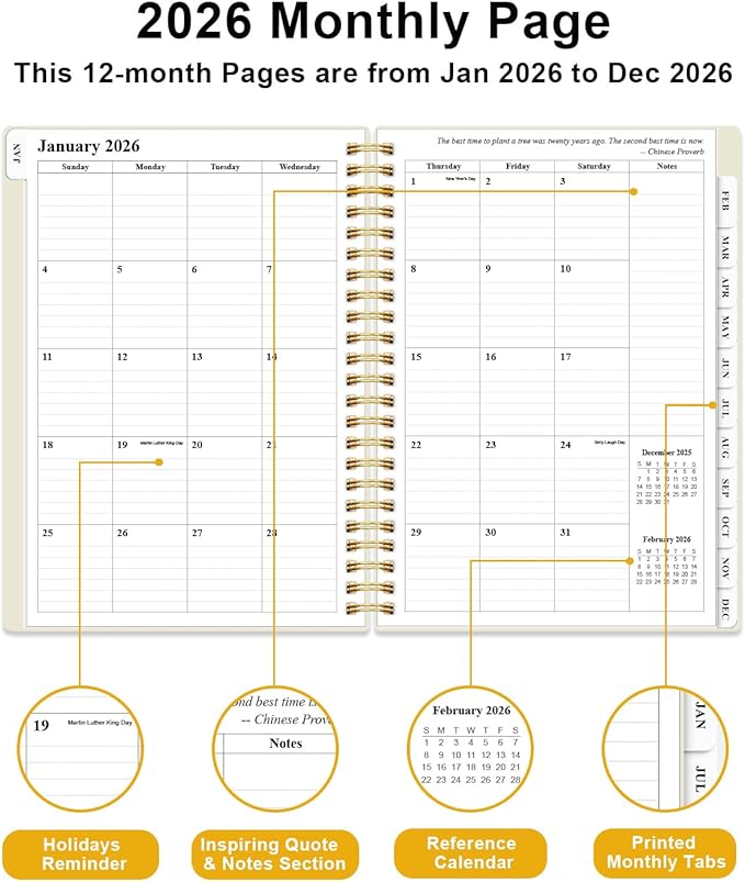 2026 Planner - Weekly and Monthly Planner from Jan 2026 - Dec 2026, Spiral Planning 2026 with 12-Month Tabs, Inner Pocket, 6.25" x 8.5", Beige