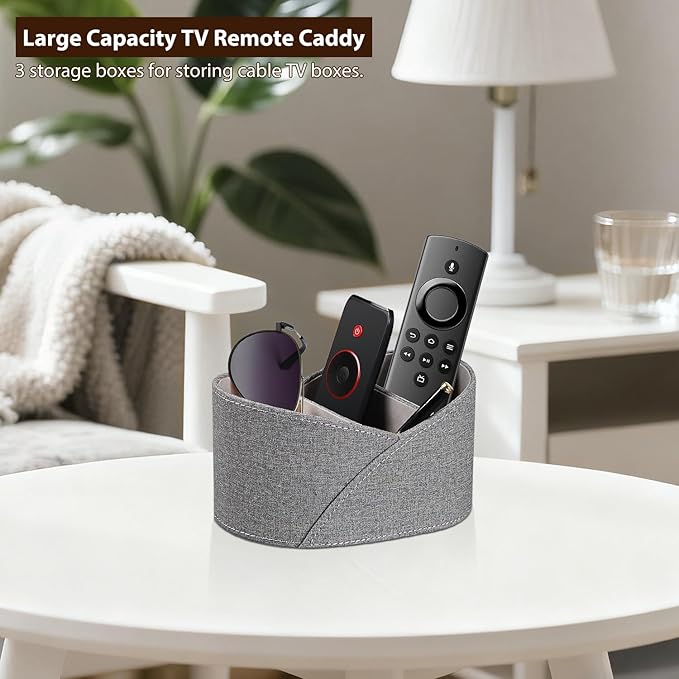 PU Leather TV Remote Control Holder with 3 Compartments, Bedside Table Remotes Caddy, Office Desk Accessories and Workspace Organizers, Storage Box to Store Pen, Controllers, Media Player, Cosmetics