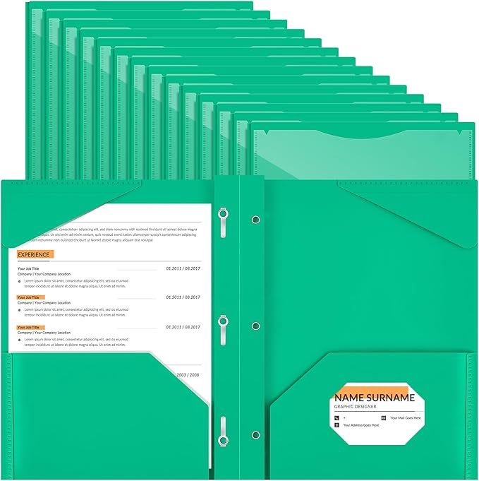 Henoyso 36 Pcs Plastic Folder with Clear Front Pocket and 3 Prong Plastic Folders with Card Slot Pocket Folders with Prongs for School Office (Green)