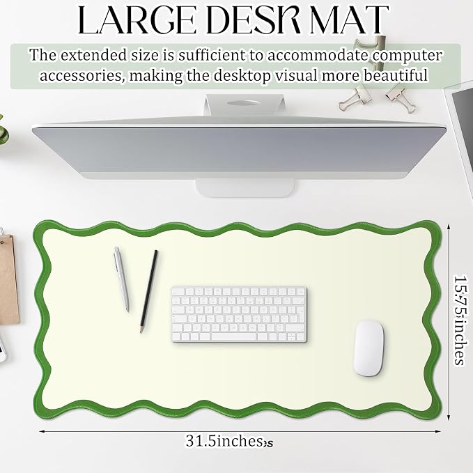Hahafelt Scalloped Desk Mat Large Desk Pad Cute Coquette Table Mat Back to School Preppy Table Make up Pad Nonslip Graduation Gift with Stitching Waterproof Gaming(Green,31.5 x 15.8 Inches)