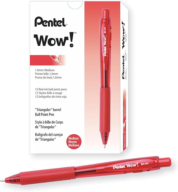 Pentel Wow! Retractable Ballpoint Pen, (1.0mm), Medium Line, Red Ink, Box of 12 (BK440-B)