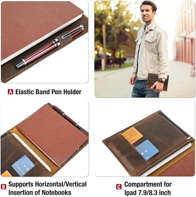 Top Grain Leather 8.3" Padfolio for Men & Women, Handmade Vintage Design, Multi-Functional Business Portfolio Organizer, Compatible with Cards/iPad Mini/Pen/A5 Size Document, Coffee 8.3 Inch