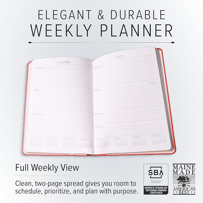 Gallery Leather Desk Weekly Monthly Planner 2027, Elegantly Bound Calendar Planner and Notebook with Stylish Gold-Gilded Page Edges, 12 Months - Caribbean Fuchsia - 8x5.5"