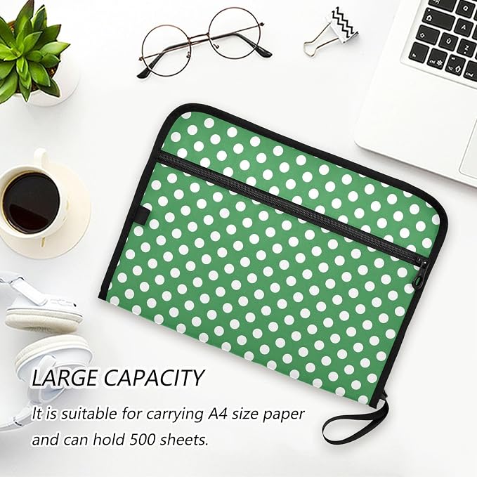 ALAZA Polka Dot Green White 13 Pocket Expanding File Folder with Labels, Accordion File Folder File Organizer Letter A4 Paper for Office School Student