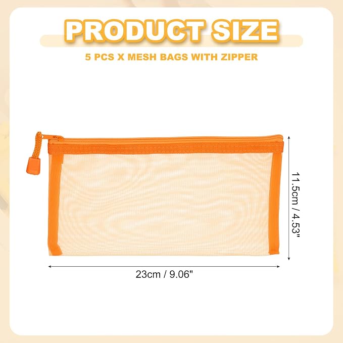PATIKIL B6 Mesh Zipper Pouch Bags, 5 PCS Mesh Bags with Zipper Plastic Storage Pocket for Organizing File Beads Office Home Supplies, 11.5x23cm, Orange