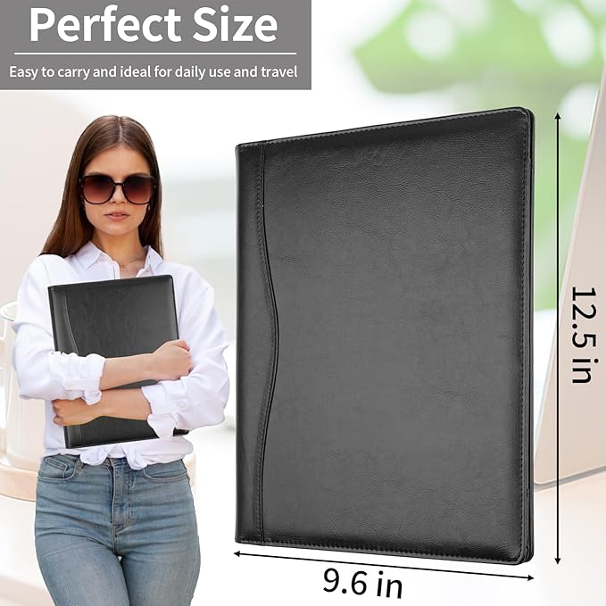 MOWPOG Professional Padfolio Portfolio Binder, Faux Leather Interview Resume Folder, Letter Size A4 Legal Writing Pad Holder, Document Organizer for Business School Office Conference (Black)