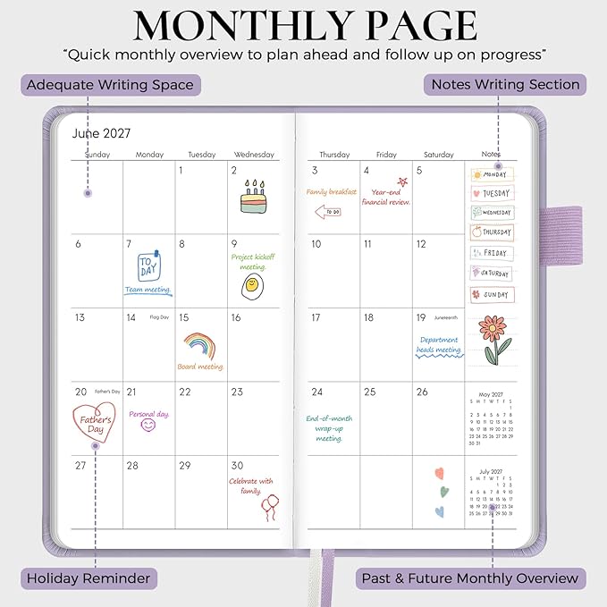 KONVINIT Pocket Calendar 2026-2028, 24-Month Pocket Calendar 2027 Planner Runs from July.2026 Until June.2028, Purple PU Monthly Planner with Inner Pocket, Pen Loop, Elastic Closure for School & Office Supplies, 3.54”×6.69”