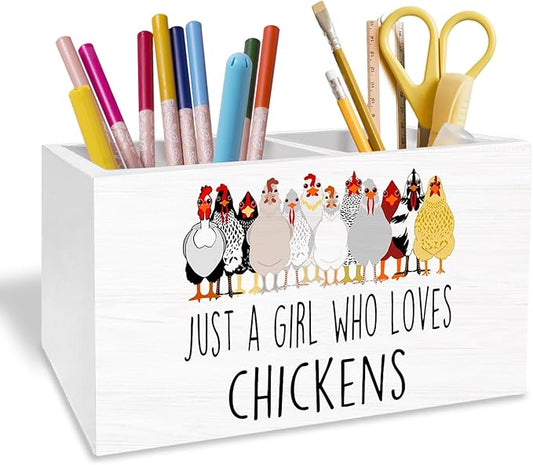 Funny Chicken Pen Holder for Desk, Chicken Lover Mom Lady Gifts Pencil Organizer, Just a Girl Who Loves Chickens Wooden Box Sign Desk Decor for Home Office Decoration