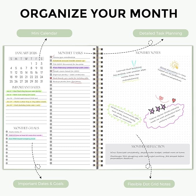 SKYDUE Monthly Planner 2026-2027, 24 Months Calendar Planner 2026-2027, 7.5" x 10" B5 Planner, Twin-wire Spiral Bound, Durable Waterproof Cover, Thick No-Bleed Paper, Green