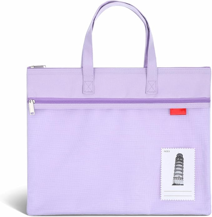 Large Zipper Pouch with Handle, 11 x 13.7 in Mesh Zipper Pouch Waterproof Double Pocket Organizer Bag, A4 Size Foldable File Storage for Documents Travel Art Supplies Office Use (Purple)