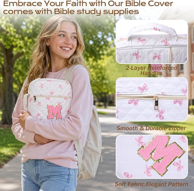 XKDOUS Bible Cover for Women Quilted Bible Bag Church Book Carrying Case with Letter M, Handle, Study Supplies Organizer Portable Church Book Carrier Christian Gifts for Mom, Lady
