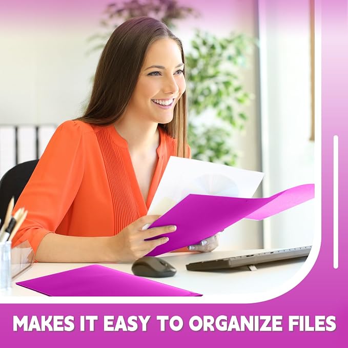 Gueevin 100 Pack Plastic Folder with Pockets, 2 Pocket Folders, Plastic Glossy Folders Fit Letter Size Paper, Heavy Duty Durable File Folder with Business Card for Home Office School (Neon Purple)