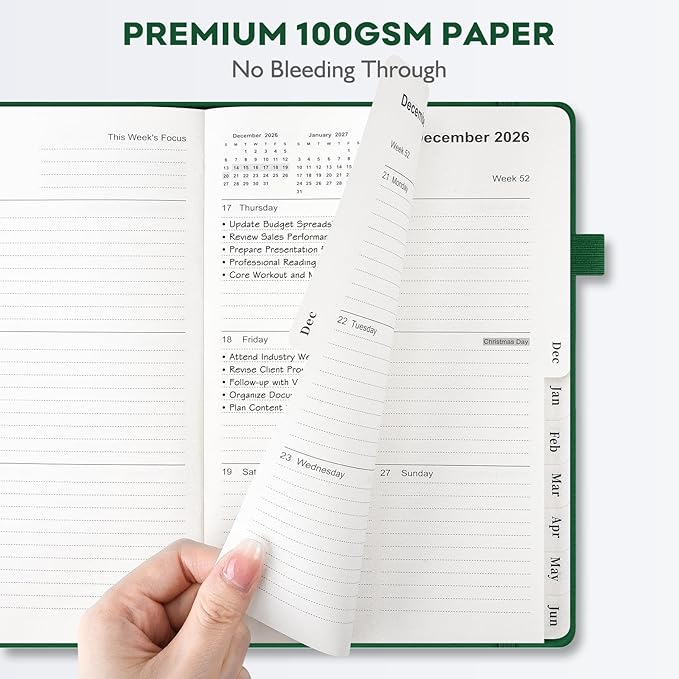 OMEYA Leather Academic Planner 2026-2027: A5 Green Business Weekly & Monthly Planner for Work, July 2026 – June 2027, 100gsm Thick Paper, Durable Stitched Binding, Tabs, Pen Loop, Pocket