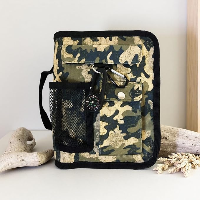 Bible Cover Case for Men Women Green Camo Medium Bible Book Cover with Durable Handle Quilted Bible Carrying Bag Prayer Church Scout Book Case with Compass Carabiner Camouflage