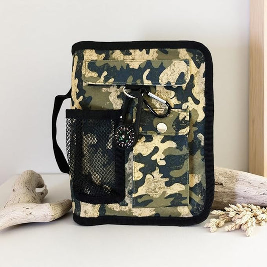 Bible Cover Case for Men Women Green Camo Medium Bible Book Cover with Durable Handle Quilted Bible Carrying Bag Prayer Church Scout Book Case with Compass Carabiner Camouflage
