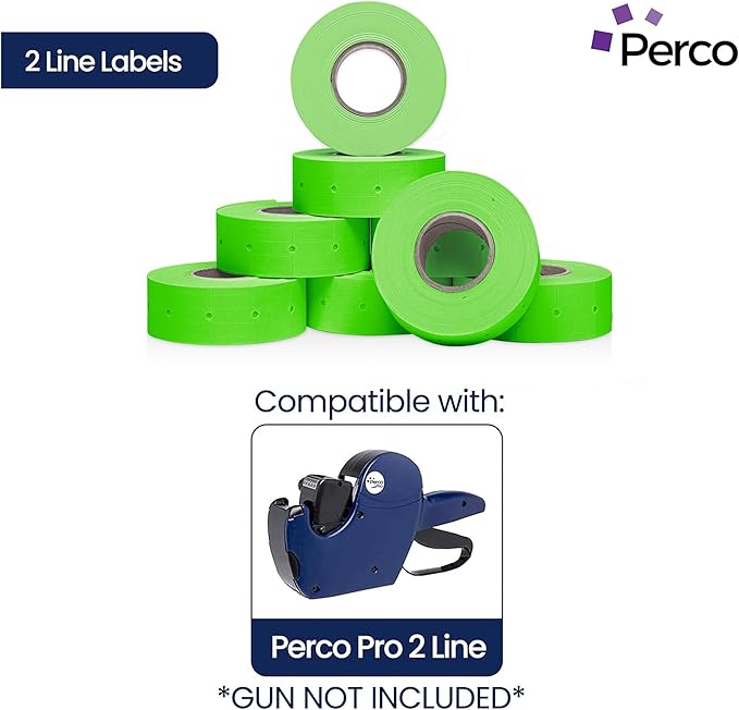 Perco 2 Line Fluorescent Green Labels - 8 Rolls, 1 Sleeve, 6,000 Blank Price and Date Gun Labels for Perco 2 Line Price and Date Guns - Made in USA