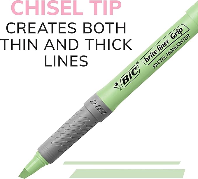 BIC Brite Liner Grip Pastel Highlighter Set, Chisel Tip, Pack of Pastel Highlighters in Assorted Colors (colors may vary), Cute Highlighters for Bullet Journaling, Note Taking and More (Pack of 18)