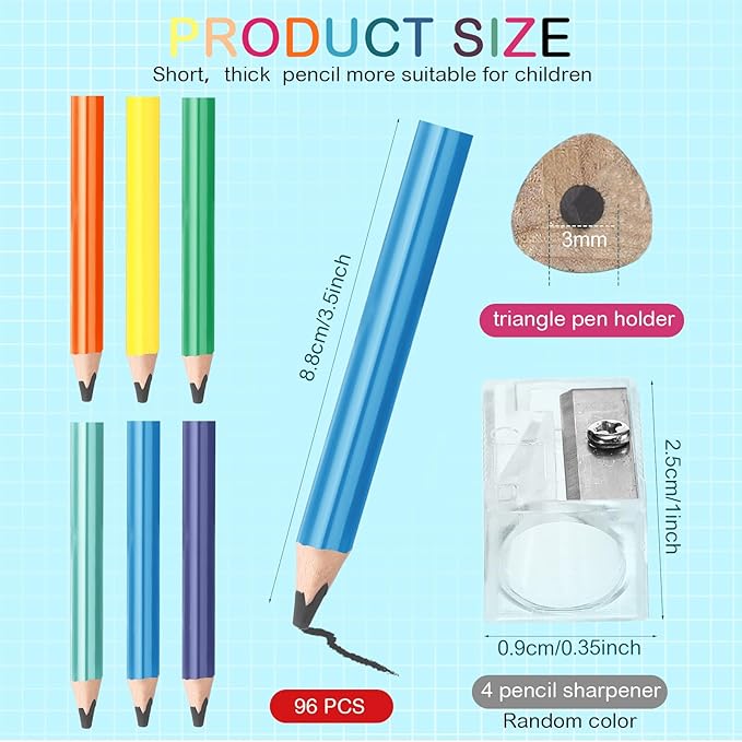 Spakon 96 Pcs Jumbo Pencils for Kid Bulk 3.5 Inch Wooden Triangle Short Fat Chunky Pencil with Sharpener for Student Toddler Preschooler Beginner Kindergarten Classroom Supplies