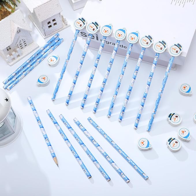 32 Pcs Snowman Pencils with Erasers, 16 Winter Snowman Pencils Bulk 16 Erasers Christmas Stationery Supplies for Xmas Classrooms Exchange Reward Prizes Home Office School Supplies