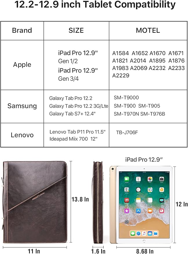 Top Grain Leather 12.9" Large Portfolio, Solid Vintage Design, Handmade, Large Capacity Multi-Functional Business Zip Padfolio, Suitable for Cards/Tablet/Phone/A4 Doc, Dark Coffee 12.9 Inch