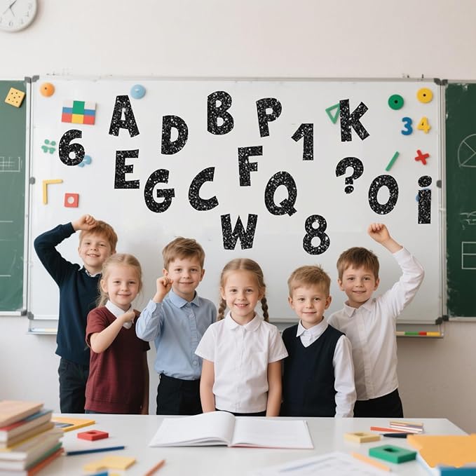Glitter Bulletin Board Letters for Classroom Numbers Alphabet Poster Board Letters with Adhesive Dots Punctuation Symbols Cutout Bulletin Display School (Black)