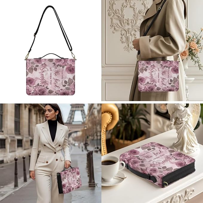 PU Leather Bible Cover,Pink Rose Print with Shoulder Strap XXL | Bible Cover with Strap and Handle,PU Leather Bible Protecto, Inner Pockets and Pen Loop, Bible Study Supplies for Girls