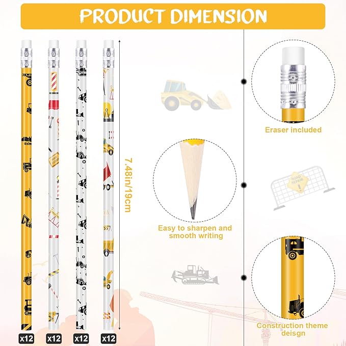 Teling 48 Pcs Construction Party Favors Fun Pencils in Bulk with Eraser for Theme Birthday Supplies Wooden Number 2 Graphite Pencils for Students Back to School Gifts Classroom Birthday Supplies