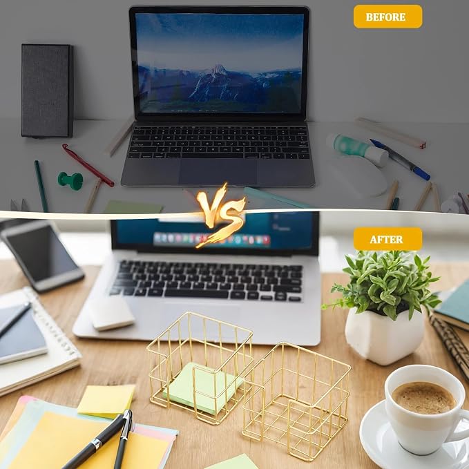 Harloon 2 Pcs Metal Sticky Note Holder 3.8 x 3.8 in Back to School Cute Memo Cube Dispenser Mesh Desk Organizer for Notepads Pens and Pencil Ideal for Classroom Office Supplies Home Storage(Gold)