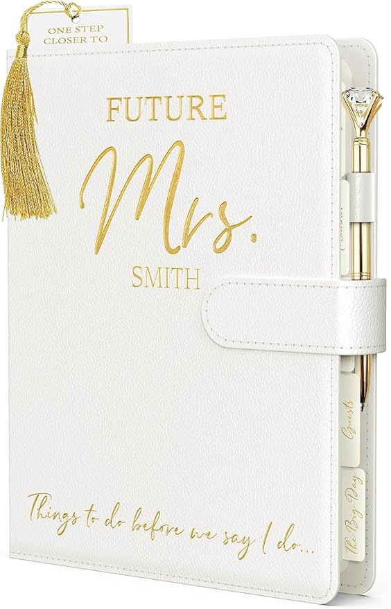 PERSONALIZED Wedding Planner Book and Organizer for The Bride - Faux Leather 'Future Mrs' Wedding Binder I Wedding Planning Book 2026 - 2027 Checklist Journal I Tissue Wrapped w/Stickers, Bookmark & Pen I Engagement Gift