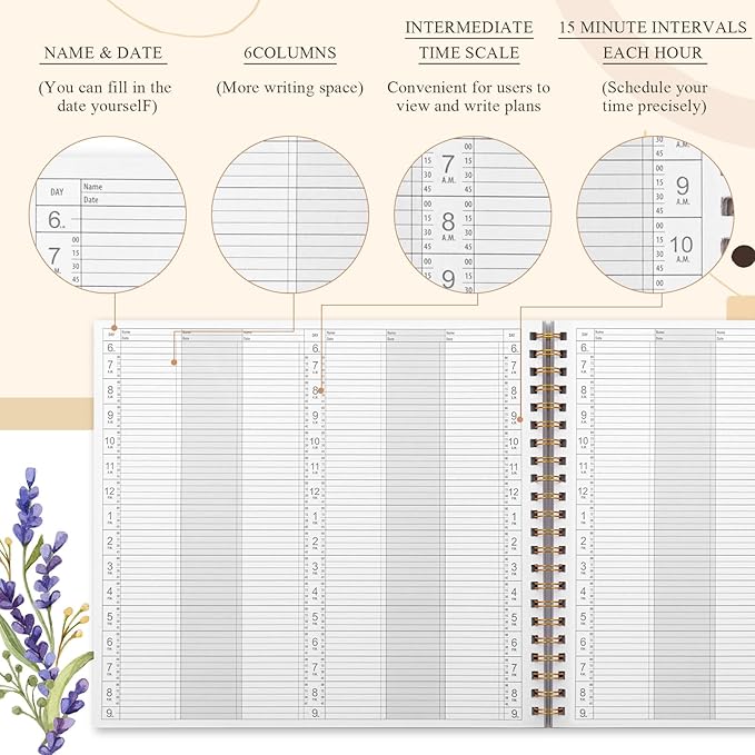 Maitys 2026-2027 Large 6 Column Salon Appointment Book for Hairstylist Spa Business, Hourly Planner 15 Minute Interval, 200 Pages Undated 6 Am 9 Pm Spiral Bound Checklist Planner(Colorful, Floral)