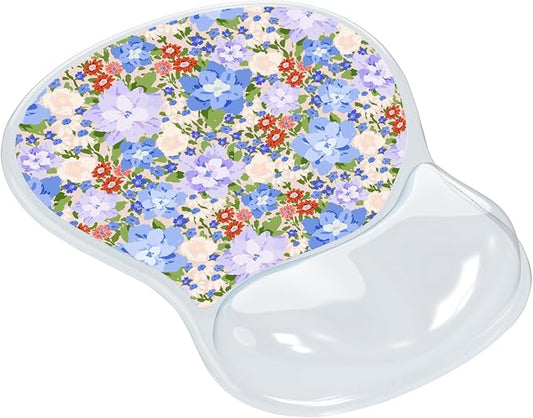 AUPET Ergonomic Mouse Pad with Gel Wrist Support – Non-Slip Mouse Mat with Comfortable Memory Gel Cushion – Relieves Wrist Pain – Designer Pattern for Home Office & Gaming (Violet-Blue Blossom Patch)