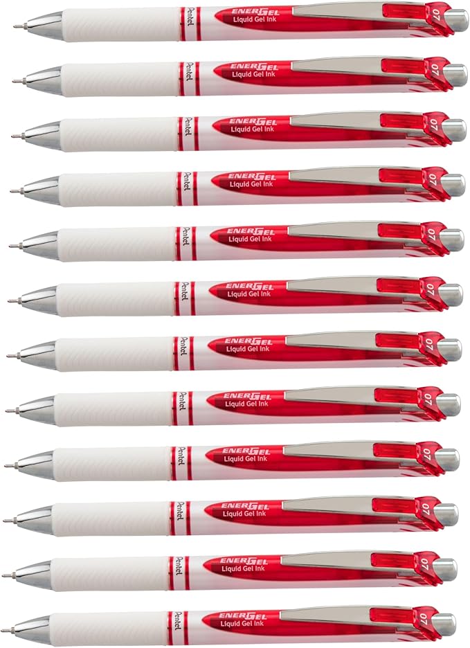 Pentel Gel Ink Pen, Pearl Retractable Gel Pen, (0.7mm) Medium Point, Needle Tip, Red Ink, 12 pack (BLN77PW-B)