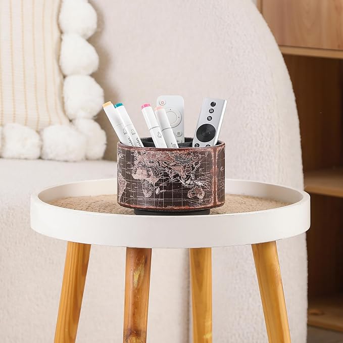 Vintage World Map Remote Control Holder, 360 Degree Rotating Desk Organizer and TV Remote Caddy, PU Leather Spinning Pen Holder for Living Room, Nightstand, and Office Supplies PH132