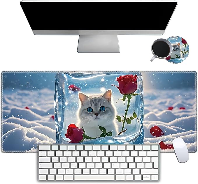 Mouse Pad Gaming Mousepad 31.5x11.8 Inch XXL Large + Coasters,Desk Mat with Stitched Edges, Non-Slip Rubber Base, Thick Mouse Pad for Computer, Laptop, Office & Home - Ice Cube Rose Cat