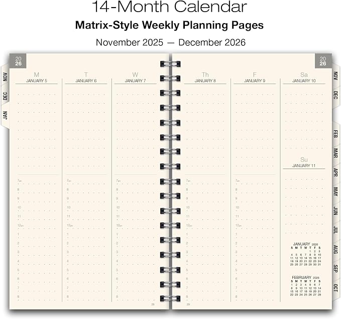 ESSENTIAL 2026 Monthly & Weekly Planner with Tabs, 5"x8": 14 Months (November 2025 - December 2026), Professional, Simple, Easy-to-Use Design and Frosted Poly Cover for Extra Protection (Frosted)