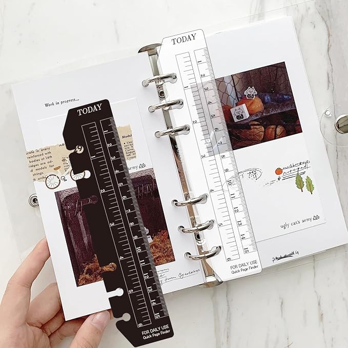 Chris.W 2Pcs Black/Clear Plastic Page Marker Pouch Pagefinder Measuring Today Ruler for A6 Size 6-Hole Binder Notebook (Black + Clear, A6)