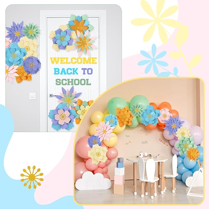 MotiMind 12 Pcs Paper Flowers Decorations for Wall DIY Paper Flowers Bulletin Board 3D Handcrafted Backdrop Decoration for Classroom Back to School Party (Pastel Color)