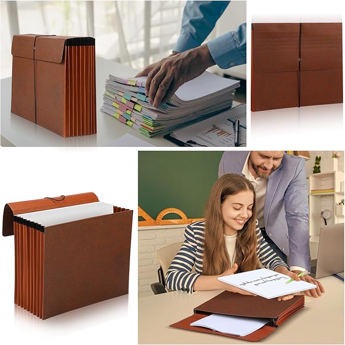 PerKoop 1 Pcs Expanding File Folder with Flap 7 Inch Expansion Expanding File Wallet with Elastic Cord Closure Letter Size Heavy Duty Document Organizer, 10 Slots, Brown