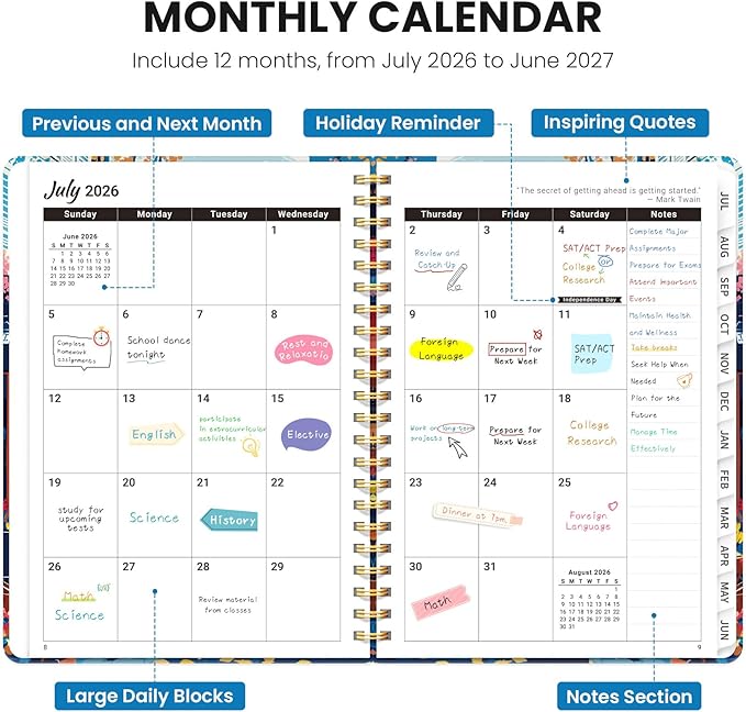 2026–2027 Academic Planner, Weekly and Monthly Planner for Women, July 2026 - June 2027, Pretty Hardcover 2026–2027 Academic Planner with Tabs, Inner Pocket, Spiral Bound, Perfect Office Home School Supplies - 6.3" x 8.5", Floral Street