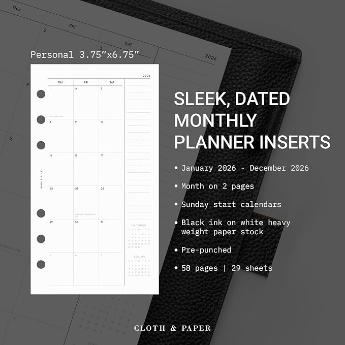 Cloth & Paper 2026 Monthly Planner Inserts | Personal Size 3.75 x 6.75 Inches | Minimalist Agenda Refills | Sunday Start, 84 Pages | 6 Ring Punched | Monthly Organizer Pages | Heavyweight Paper
