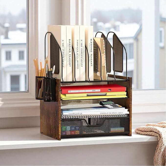 Wood Desk Organizer - 4-Tier Desktop File Organizer with Drawer, Wooden Paper Tray, Vertical File Holders & 2 Pencil Holders - Office Desk Organizer for Papers, Mail, Notebooks, Stationery