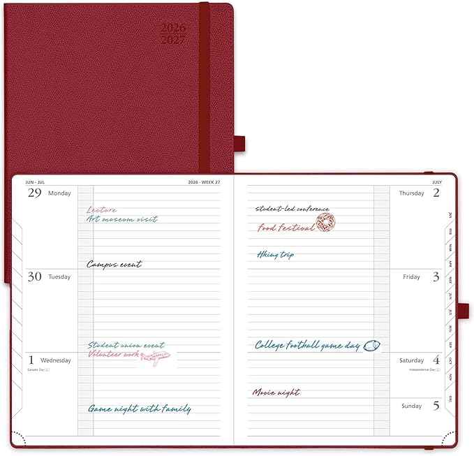 POPRUN Planner 2026-2027 (Large 8.5"x 10.5"), Horizontal Weekly Notebook Jul.2026 - Jun.2027, Academic Appointment Book with Monthly Tabs, Leather Hardcover, Inner Pocket - Burgundy