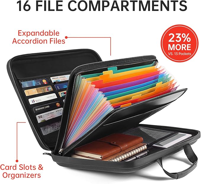 Calenzana Fireproof Document Boxes with TSA Lock, Upgraded 16 Pockets Fireproof＆Water Resistant File Organizer, Hard-Shell Safe Box for Important Certificates, Passport, Laptop