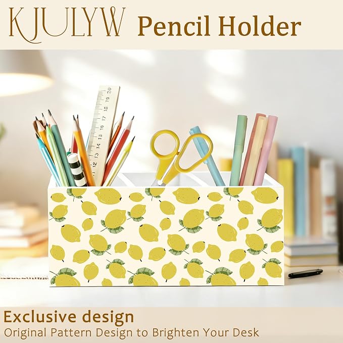 Lemon Pen Holder for Desk, Lemon Themed Gifts, Summer Yellow Fruit Wooden Box Pencil Pen Holder Organizer for Home Office Desk Accessories