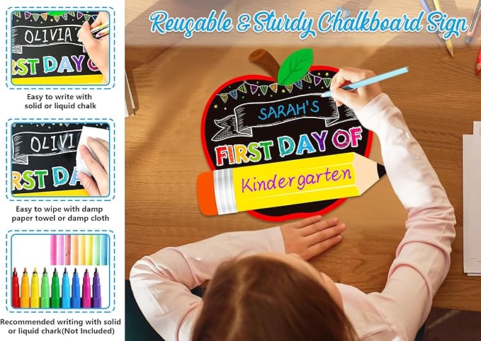 First Day of School Board Sign - Double Sided Apple First and Last Day of Preschool Kindergarten Chalkboard Sign Reusable & Erasable Back to School Supplies Photo Prop Gift for Kids
