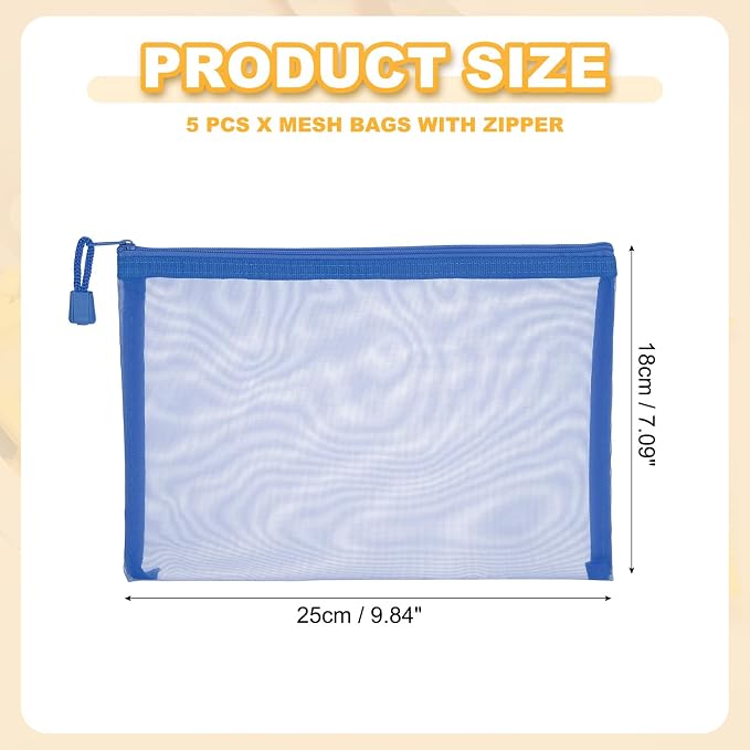 PATIKIL A5 Mesh Zipper Pouch Bags, 5 PCS Mesh Bags with Zipper Plastic Storage Pocket for Organizing File Beads Office Home Supplies, 18x25cm, Blue