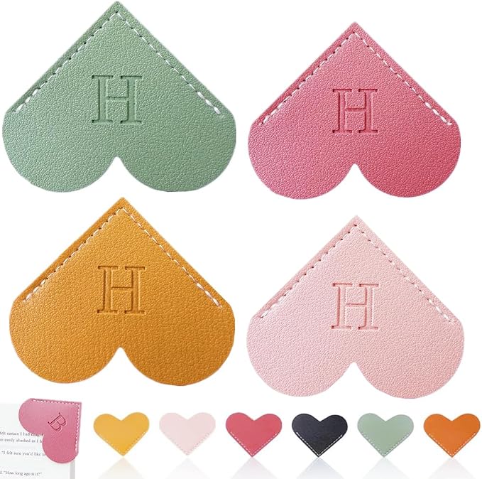 Personalized Leather Heart Bookmark, 26 Letters Customized Corner Book Mark for Reading Women, Book Marker with Initials，Cute Gifts (Light Pink+Deep Pink+Green+Light Brown, H)